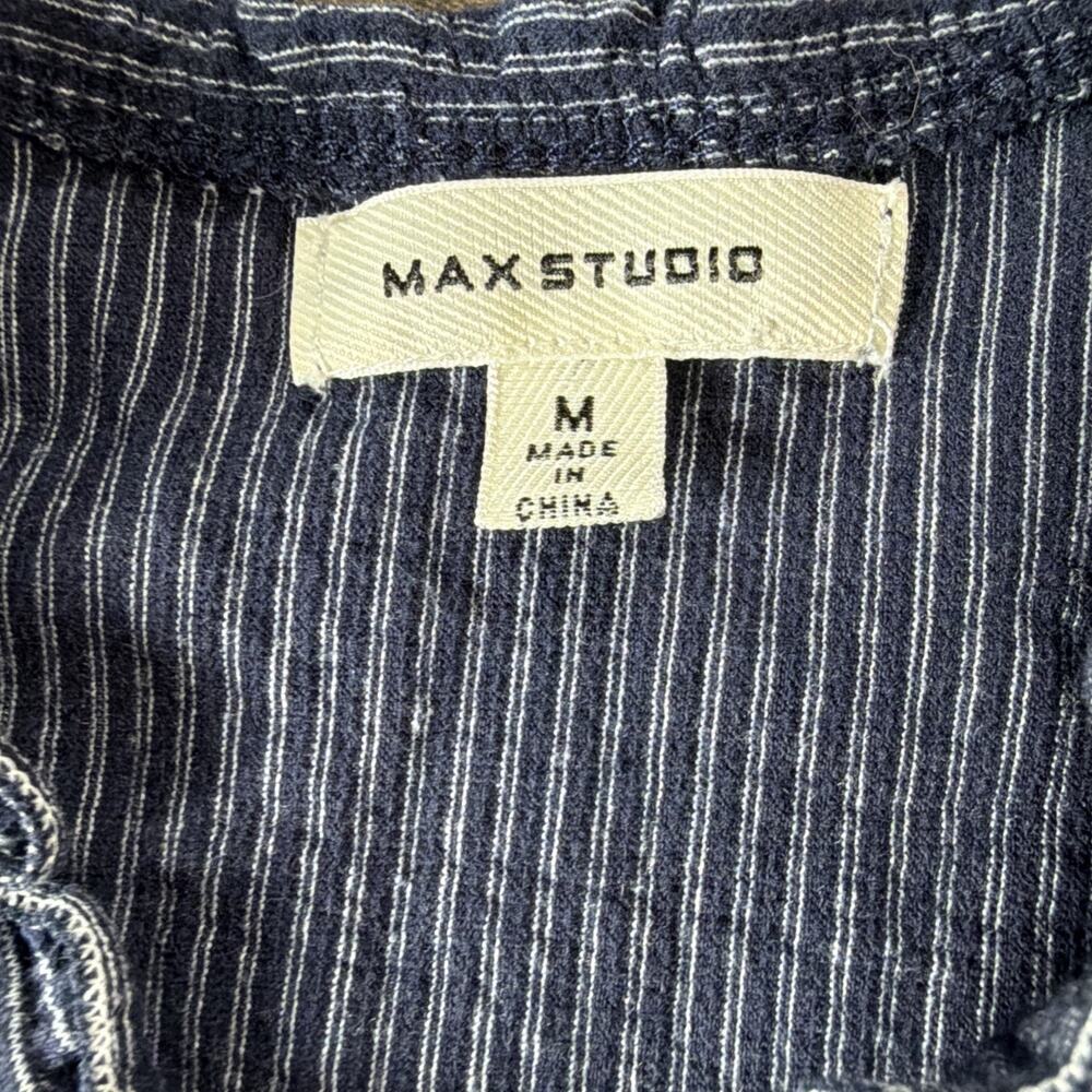Max Studio Sz M Navy Pinstripe Tiered Dress Smocked Waist Boho Romantic Ruffle - Picture 4 of 10
